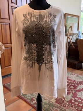Stranded White Long-Sleeve Tee with Black Cross Graphic